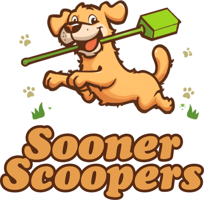 Sooner Scoopers logo — a happy golden retriever carrying a pooper scooper